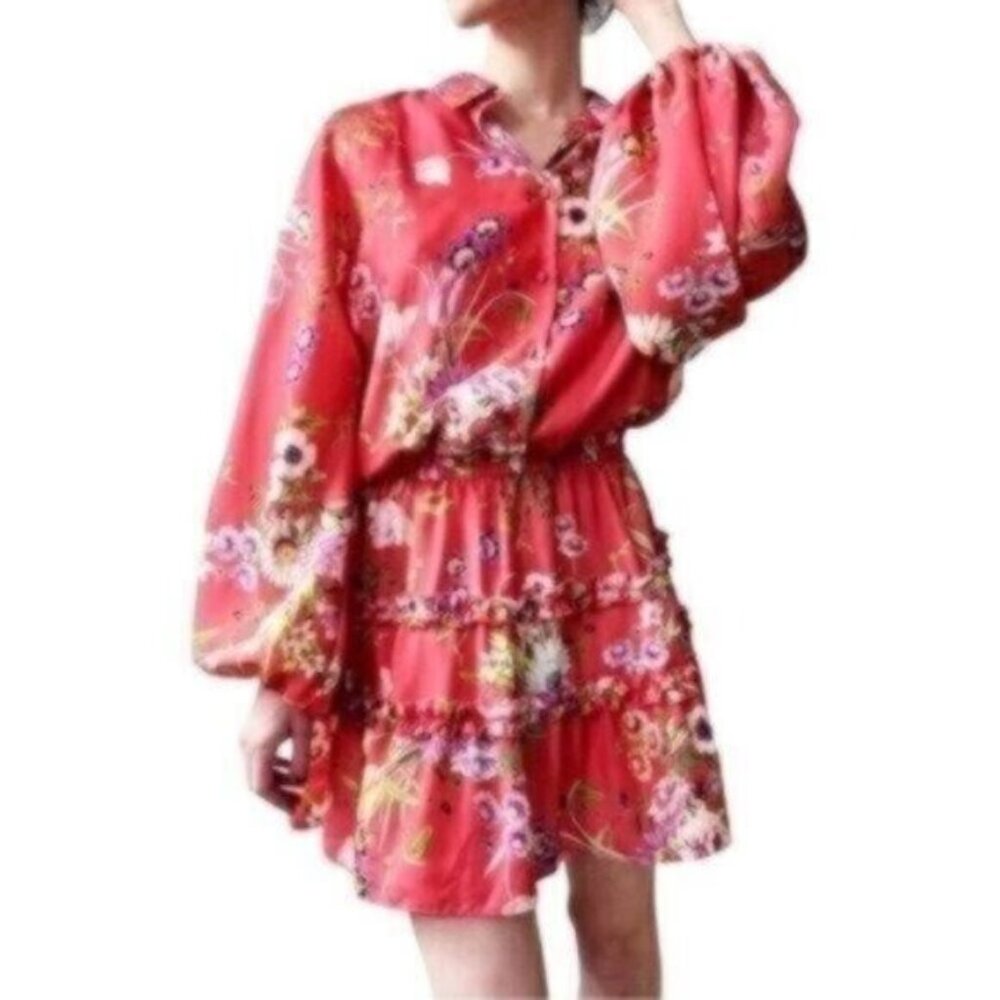Alexis Loe Botanical Floral Ruffle Trim Long Puff Sleeve Mini Dress Size XS